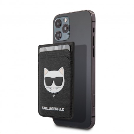 Cartera Tarjetero con Magsafe Karl Lagerfeld para iPhone 12 Diseño Saffiano cara de Choupette Accesorio Magnético en Color Negro