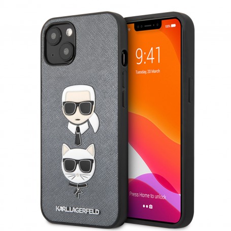 Funda Rígida Karl Lagerfeld diseño caras Karl y Choupette para Apple iPhone 13 Color Plata KLHCP13MSAKICKCSL