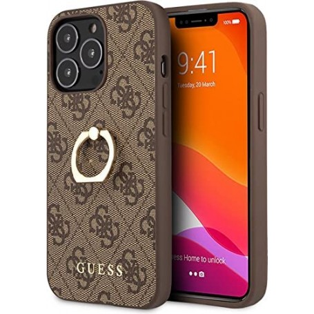 Funda Rígida Guess diseño 4G para Apple iPhone 13 Pro Color Marrón con Anilla GUHCP13L4GMRBR