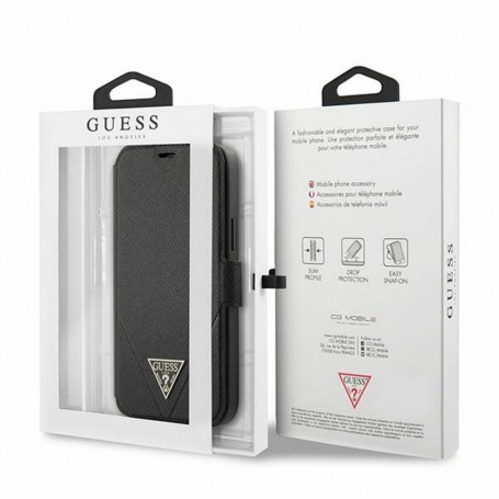 Funda Guess Tipo Libro diseño Saffiano Piel para iPhone 12 | 12 Pro color Negro