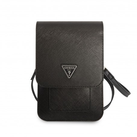 Funda Bolso Cartera de piel Guess para Teléfono Modelo Saffiano con logo Triángulo Negra GUWBSATMBK