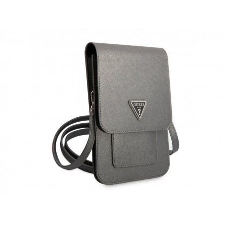 Funda Bolso Cartera de piel Guess para Teléfono Modelo Saffiano con logo Triángulo Gris GUWBSATMGR