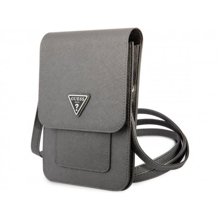 Funda Bolso Cartera de piel Guess para Teléfono Modelo Saffiano con logo Triángulo Gris GUWBSATMGR