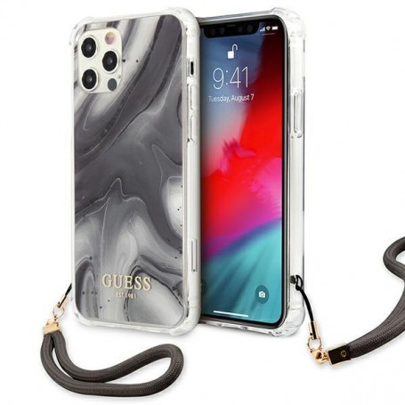 Funda Rígida Guess Gris Mármol con cadena de naylon para iPhone 12 | 12 Pro