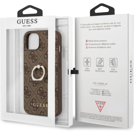 Funda Rígida Guess diseño 4G para Apple iPhone 13 Mini Color Marrón con Anilla GUHCP13S4GMRBR