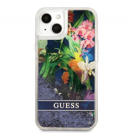 Funda Guess purpurina líquida para iPhone 13 Mini con Flores Color Azul