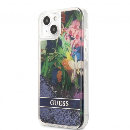 Funda Guess purpurina líquida para iPhone 13 Mini con Flores Color Azul