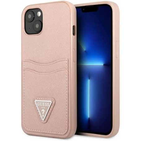 Funda Guess diseño Saffiano con tarjetero para Apple iPhone 13 color Rosa
