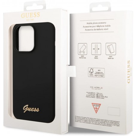 Funda Guess de Silicona para Apple iPhone 14 Pro Max Color Negro con logo dorado
