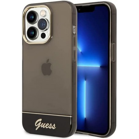 Funda Guess de Silicona Translúcida para Apple iPhone 14 Pro Max Color Negro con logo dorado