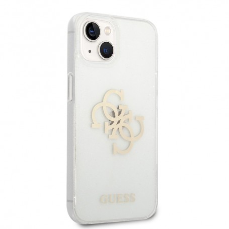Funda Guess Rígida para Apple iPhone 14 Plus Transparente con brillantina y Logo 4G dorado