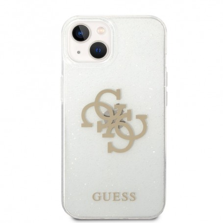 Funda Guess Rígida para Apple iPhone 14 Plus Transparente con brillantina y Logo 4G dorado