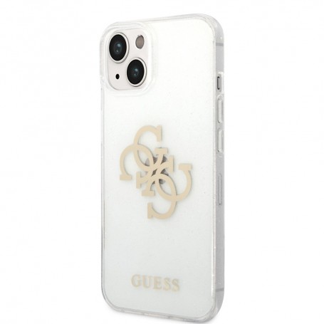 Funda Guess Rígida para Apple iPhone 14 Plus Transparente con brillantina y Logo 4G dorado