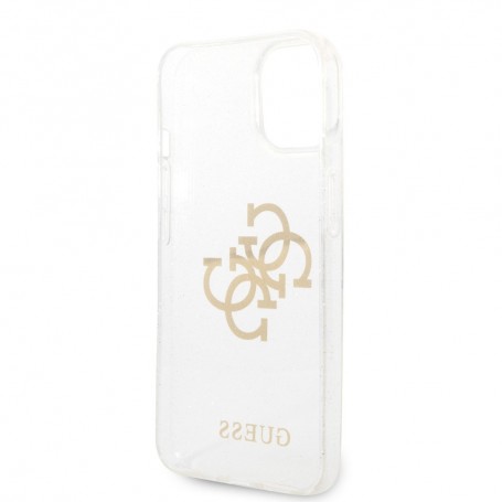 Funda Guess Rígida para Apple iPhone 14 Plus Transparente con brillantina y Logo 4G dorado