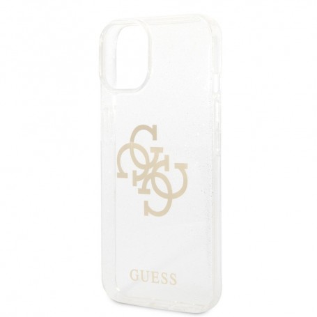 Funda Guess Rígida para Apple iPhone 14 Plus Transparente con brillantina y Logo 4G dorado