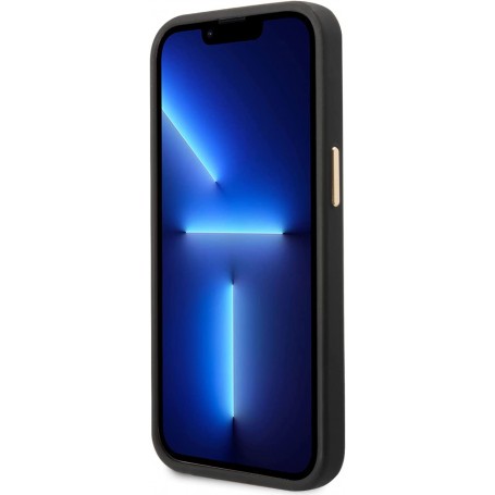 Funda Rígida Guess para Apple iPhone 14 Plus Color Negro Modelo 4G Borde de Cámara Dorado GUHCP14MHG4SHK