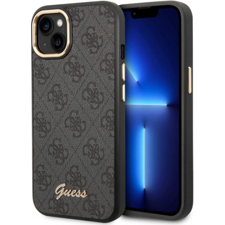 Funda Rígida Guess para Apple iPhone 14 Plus Color Negro Modelo 4G Borde de Cámara Dorado GUHCP14MHG4SHK