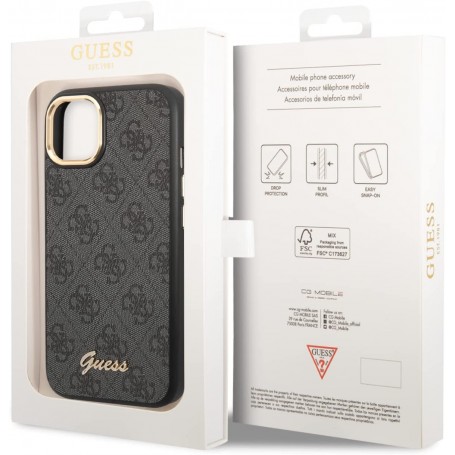 Funda Rígida Guess para Apple iPhone 14 Plus Color Negro Modelo 4G Borde de Cámara Dorado GUHCP14MHG4SHK