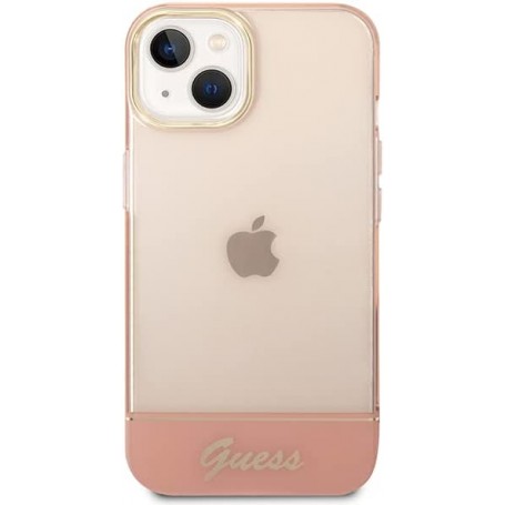 Funda Guess Rígida Translúcida para Apple iPhone 14 Color Rosa con logo dorado GUHCP14SHGCOP