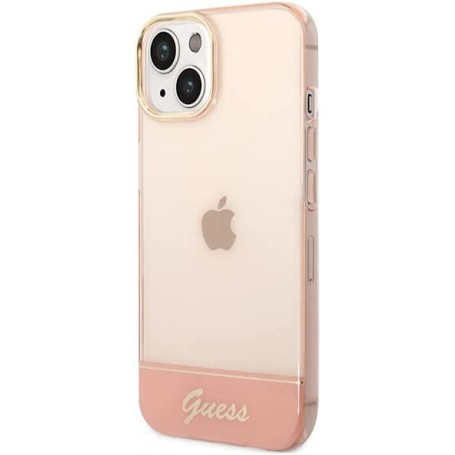 Funda Guess Rígida Translúcida para Apple iPhone 14 Color Rosa con logo dorado GUHCP14SHGCOP