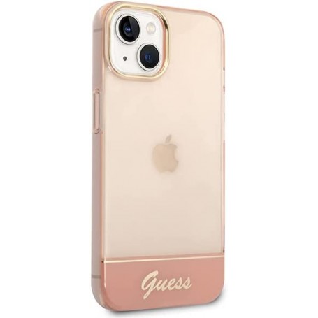 Funda Guess Rígida Translúcida para Apple iPhone 14 Color Rosa con logo dorado GUHCP14SHGCOP