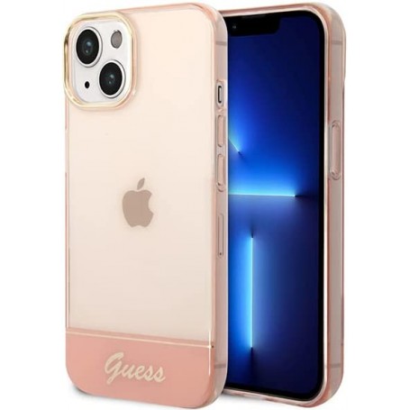 Funda Guess Rígida Translúcida para Apple iPhone 14 Color Rosa con logo dorado GUHCP14SHGCOP