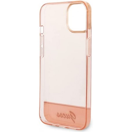 Funda Guess Rígida Translúcida para Apple iPhone 14 Color Rosa con logo dorado GUHCP14SHGCOP