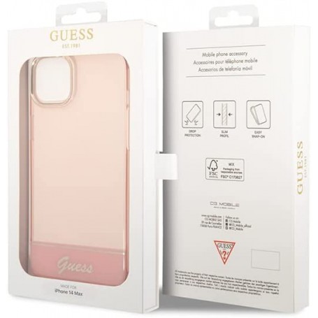 Funda Guess Rígida Translúcida para Apple iPhone 14 Color Rosa con logo dorado GUHCP14SHGCOP