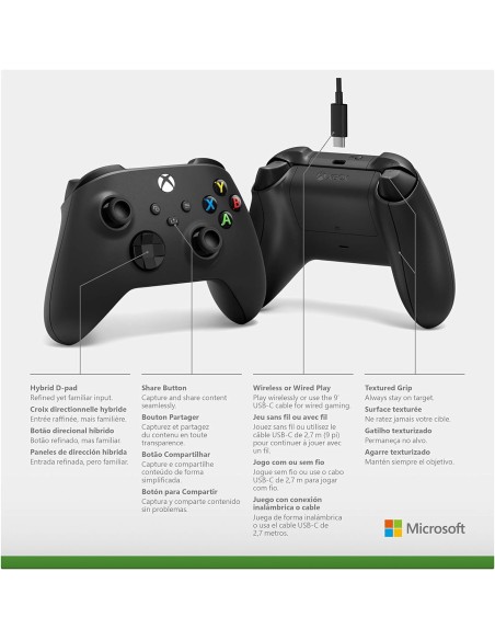 Mando Inalámbrico Microsoft Xbox Serie X y S Color Negro con Cable Windows 100