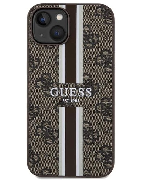 Funda Rígida Guess diseño 4G para Apple iPhone 15 | 14 | 13 Color Marrón Franjas Verticales GUHMP15SP4RPSW
