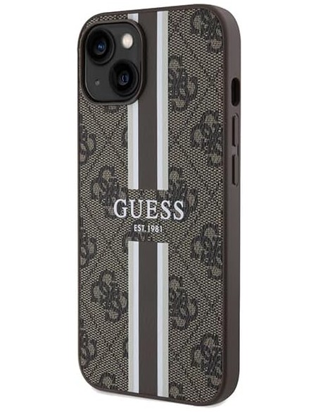 Funda Rígida Guess diseño 4G para Apple iPhone 15 | 14 | 13 Color Marrón Franjas Verticales GUHMP15SP4RPSW