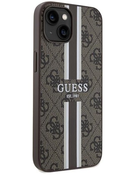 Funda Rígida Guess diseño 4G para Apple iPhone 15 | 14 | 13 Color Marrón Franjas Verticales GUHMP15SP4RPSW