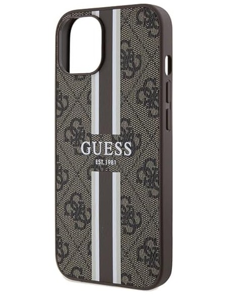 Funda Rígida Guess diseño 4G para Apple iPhone 15 | 14 | 13 Color Marrón Franjas Verticales GUHMP15SP4RPSW