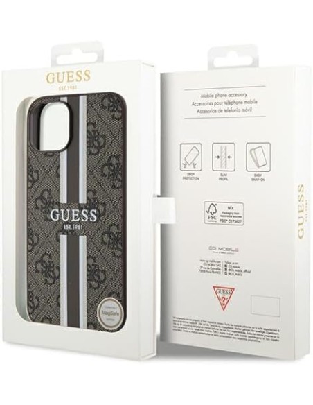 Funda Rígida Guess diseño 4G para Apple iPhone 15 | 14 | 13 Color Marrón Franjas Verticales GUHMP15SP4RPSW