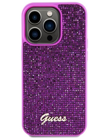 Funda Guess para Apple iPhone 14 Pro Color Fucsia con brillantes y logo dorado GUHCP14LPMSDGSF
