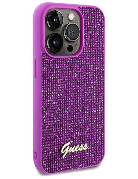 Funda Guess para Apple iPhone 14 Pro Color Fucsia con brillantes y logo dorado GUHCP14LPMSDGSF