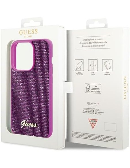 Funda Guess para Apple iPhone 14 Pro Color Fucsia con brillantes y logo dorado GUHCP14LPMSDGSF