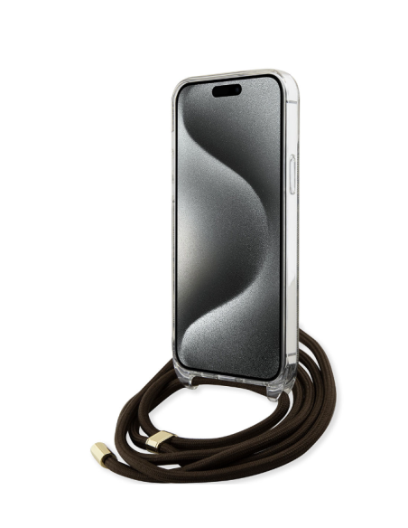 Funda Guess en Silicona diseño 4G con Cordón para iPhone 15 Pro Max color Marrón GUHCP15XHC4SEW