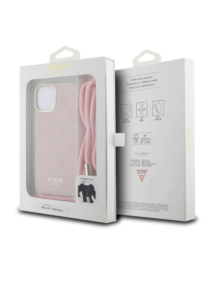 Funda Guess en Silicona diseño 4G con Cordón para iPhone 15 | 14 | 13 color Rosa GUHCP15SHC4SEP