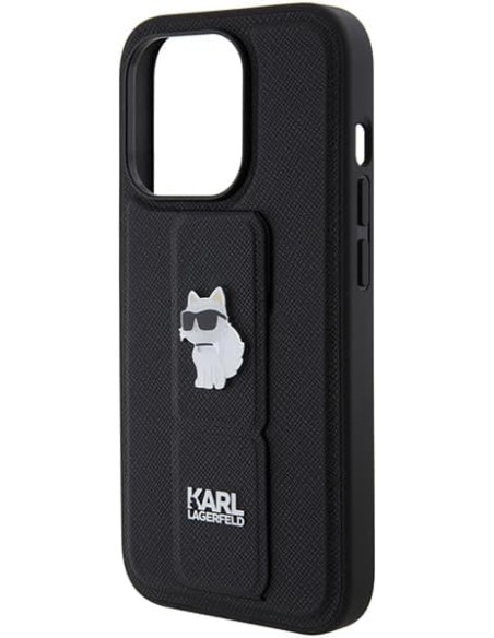 Funda Karl Lagerfeld para Apple iPhone 14 Pro Color Negro Modelo Gripstand Saffiano Choupette Pin KLHCP14LGSACHPK
