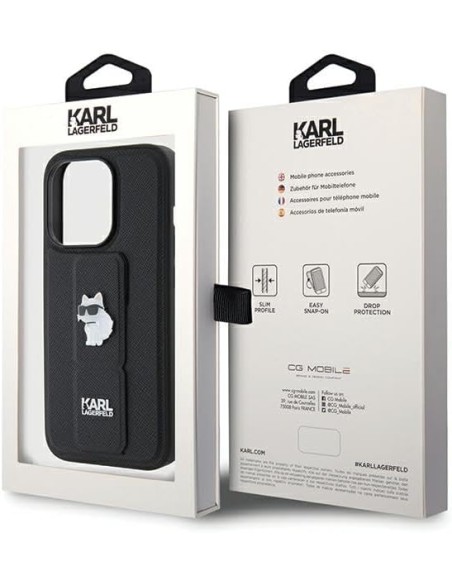 Funda Karl Lagerfeld para Apple iPhone 14 Pro Color Negro Modelo Gripstand Saffiano Choupette Pin KLHCP14LGSACHPK