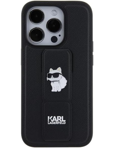 Funda Karl Lagerfeld para Apple iPhone 14 Pro Max Color Negro Modelo Gripstand Saffiano Choupette Pin KLHCP14XGSACHPK