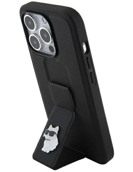 Funda Karl Lagerfeld para Apple iPhone 14 Pro Max Color Negro Modelo Gripstand Saffiano Choupette Pin KLHCP14XGSACHPK