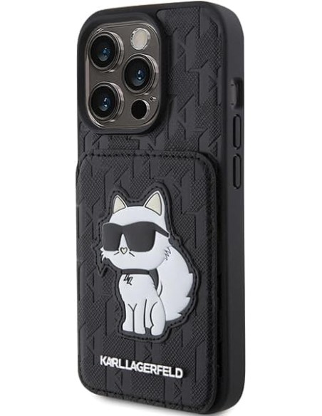 Funda Karl Lagerfeld para Apple iPhone 15 Pro Color Negro Modelo Saffiano Cardslots con Pie y Choupette KLHCP15LSAKCNSCK