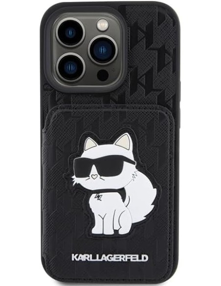 Funda Karl Lagerfeld para Apple iPhone 15 Pro Color Negro Modelo Saffiano Cardslots con Pie y Choupette KLHCP15LSAKCNSCK