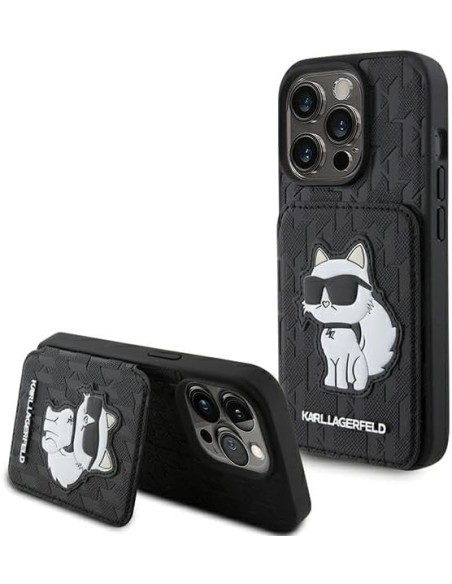 Funda Karl Lagerfeld para Apple iPhone 15 Pro Color Negro Modelo Saffiano Cardslots con Pie y Choupette KLHCP15LSAKCNSCK