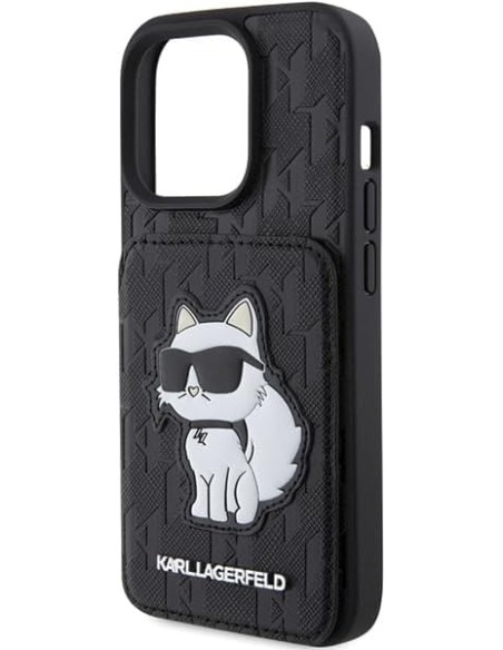 Funda Karl Lagerfeld para Apple iPhone 15 Pro Color Negro Modelo Saffiano Cardslots con Pie y Choupette KLHCP15LSAKCNSCK