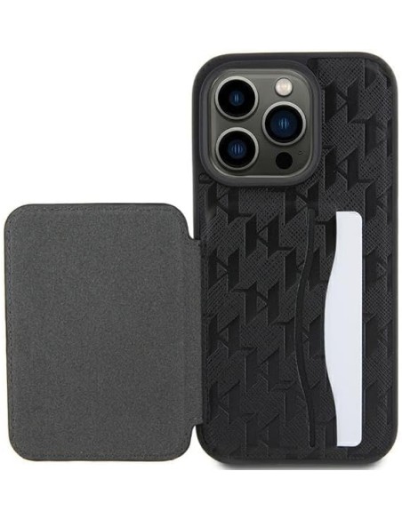 Funda Karl Lagerfeld para Apple iPhone 15 Pro Color Negro Modelo Saffiano Cardslots con Pie y Choupette KLHCP15LSAKCNSCK