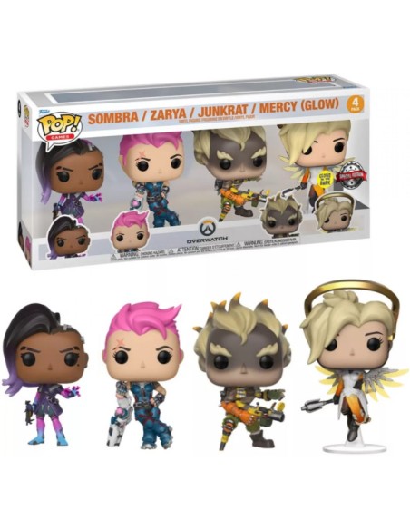 Figura Funko Pop! Juegos Overwatch Sombra | Zarya | Junkrat | Mercy (Brilla en la oscuridad) Pack-4 | 61798 Edición Especial