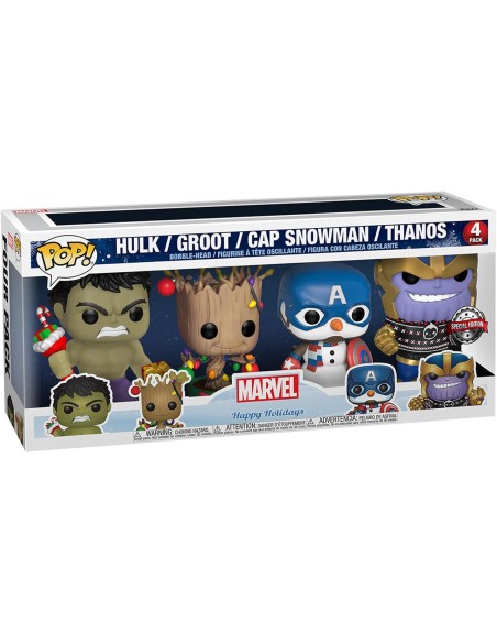 Figura Funko Pop! Marvel Happy Holidays Hulk| Groot | Cap Snowman | Thanos Pack-4 | 51796 Edición Especial
